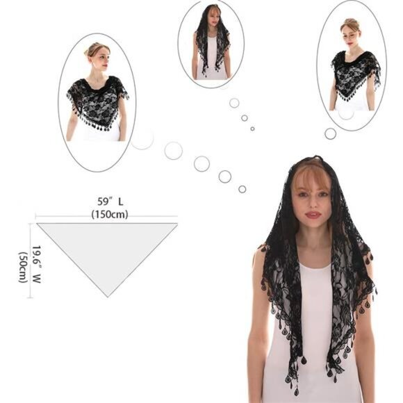 LMVERNA Lace Tassel Sheer Floral Triangle Mantilla Scarf Printed Silk Soft - Picture 10 of 16